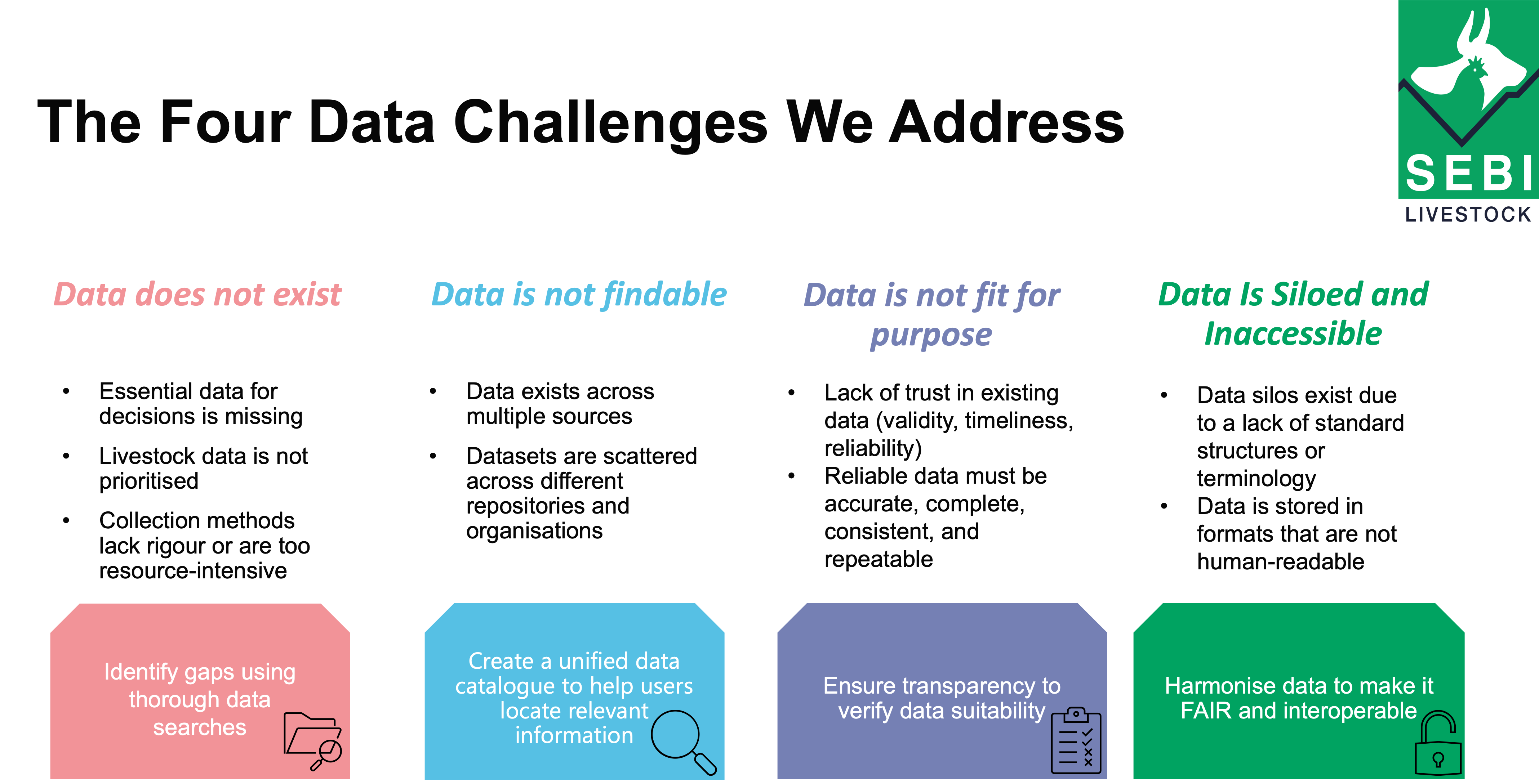 An infographic titled "The Four Data Challenges We Address" from SEBI Livestock, outlining four key issues in data management and their proposed solutions:  Data does not exist (pink): Essential decision-making data is missing; livestock data isn’t prioritised; collection methods lack rigour or are too resource-intensive. → Solution: Identify gaps using thorough data searches.  Data is not findable (blue): Data exists across multiple sources; datasets are scattered across repositories and organisations. → Solution: Create a unified data catalogue to help users locate relevant information.  Data is not fit for purpose (purple): Lack of trust in existing data (validity, timeliness, reliability); reliable data must be accurate, complete, consistent, and repeatable. → Solution: Ensure transparency to verify data suitability.  Data is Siloed and Inaccessible (green): Data silos exist due to lack of standard structures or terminology; data stored in non-human-readable formats. → Solution: Harmonise data to make it FAIR and interoperable.  Each challenge includes an icon representing its solution folder with magnifying glass, magnifying glass over document, checklist, and unlocked padlock respectively. The SEBI Livestock logo appears in the top right corner.